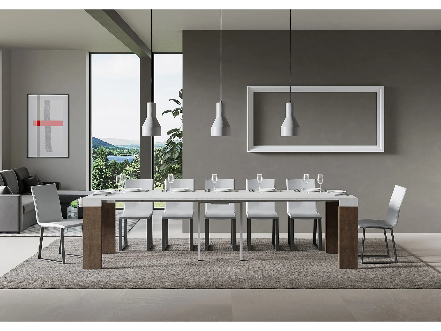 Console extensible 90x40/300 cm Roxell Mix dessus Frêne Blanc - structure Noyer