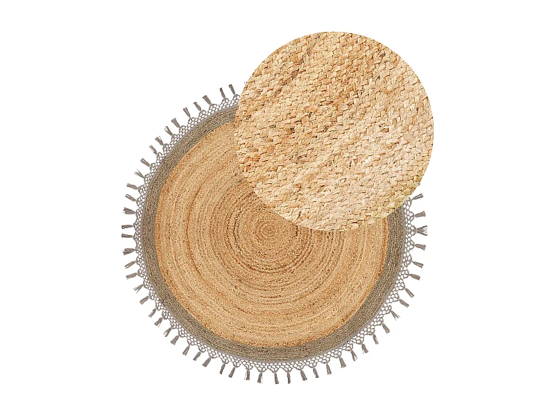 Rustikale Boho Teppich Rund 140 cm Natürliche Jute Handgeflochten Beige und Grau Marts