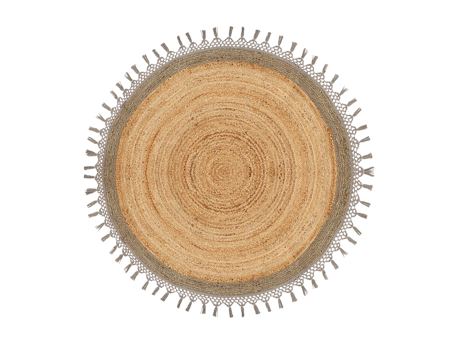 Rustikale Boho Teppich Rund 140 cm Natürliche Jute Handgeflochten Beige und Grau Marts