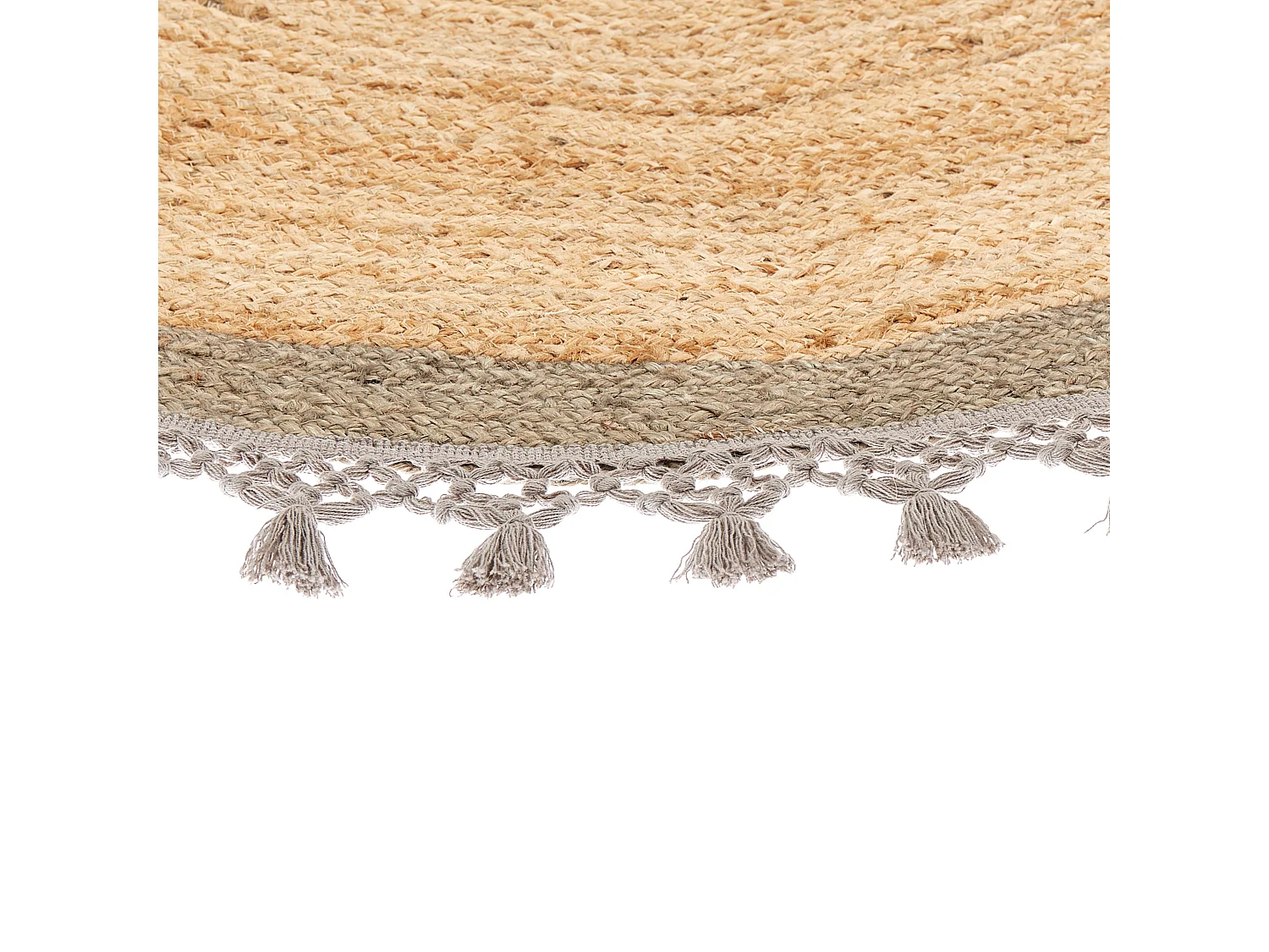 Rustikale Boho Teppich Rund 140 cm Natürliche Jute Handgeflochten Beige und Grau Marts