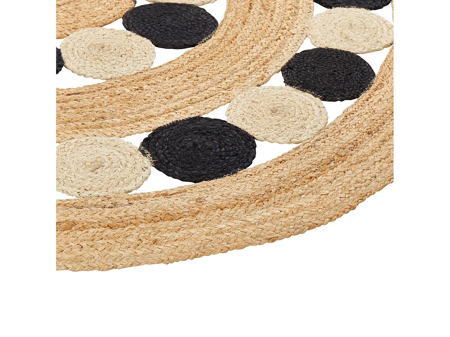 Rustikaler Boho-Teppich rund 140 cm Natürliche Jute Handgeflochten Beige und Schwarz Hovit