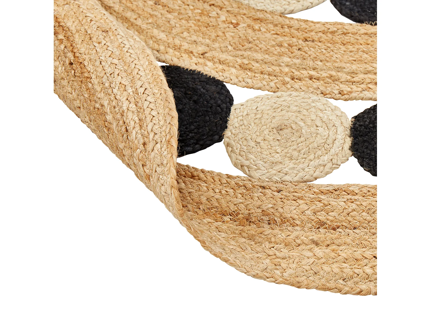 Rustikaler Boho-Teppich rund 140 cm Natürliche Jute Handgeflochten Beige und Schwarz Hovit