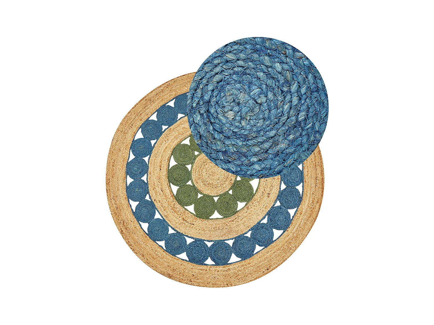 Rustikaler Boho-Teppich rund 140 cm Natürliche Jute Handgeflochten Blau und Grün Hovit