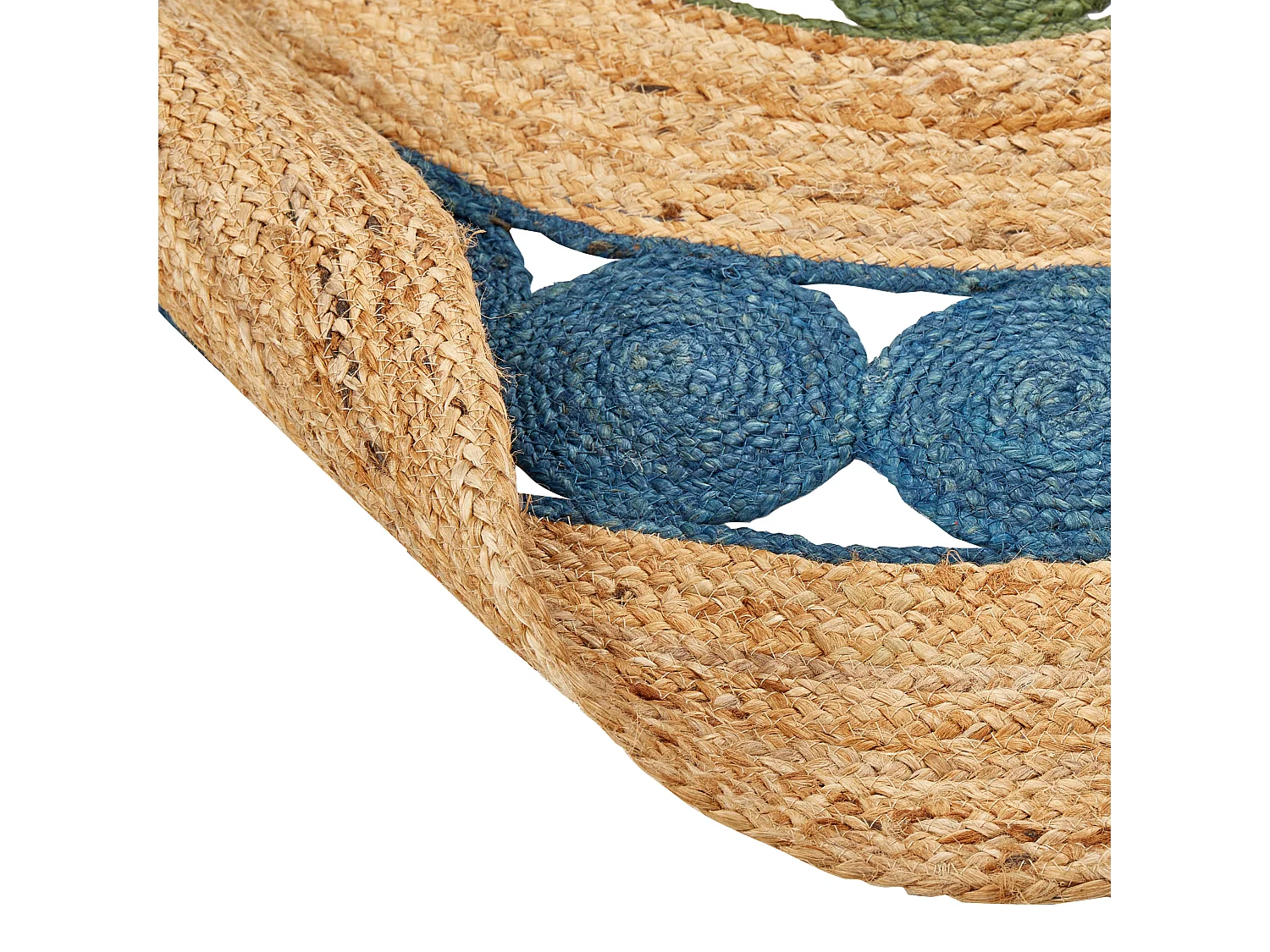 Rustikaler Boho-Teppich rund 140 cm Natürliche Jute Handgeflochten Blau und Grün Hovit