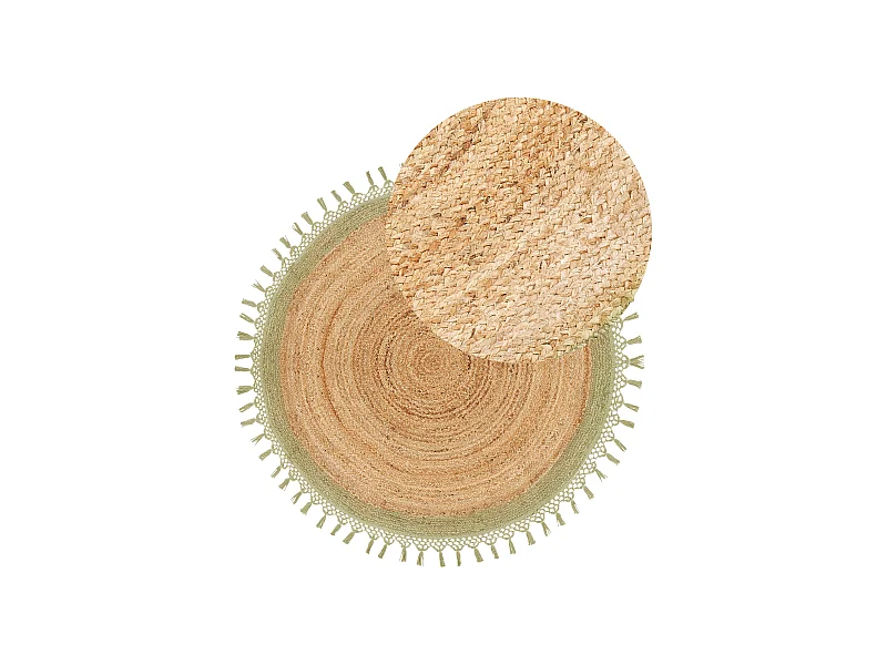 Rustikale Boho Teppich Rund 140 cm Natürliche Jute Handgeflochten Beige und Grün Marts