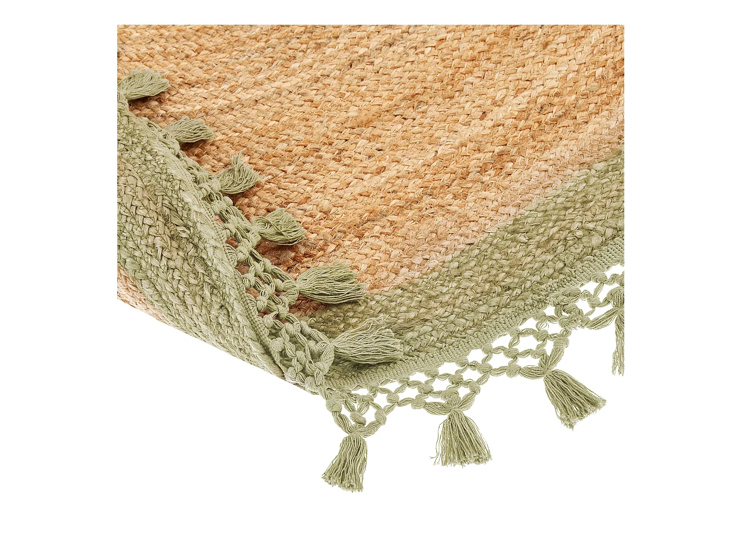 Rustikale Boho Teppich Rund 140 cm Natürliche Jute Handgeflochten Beige und Grün Marts