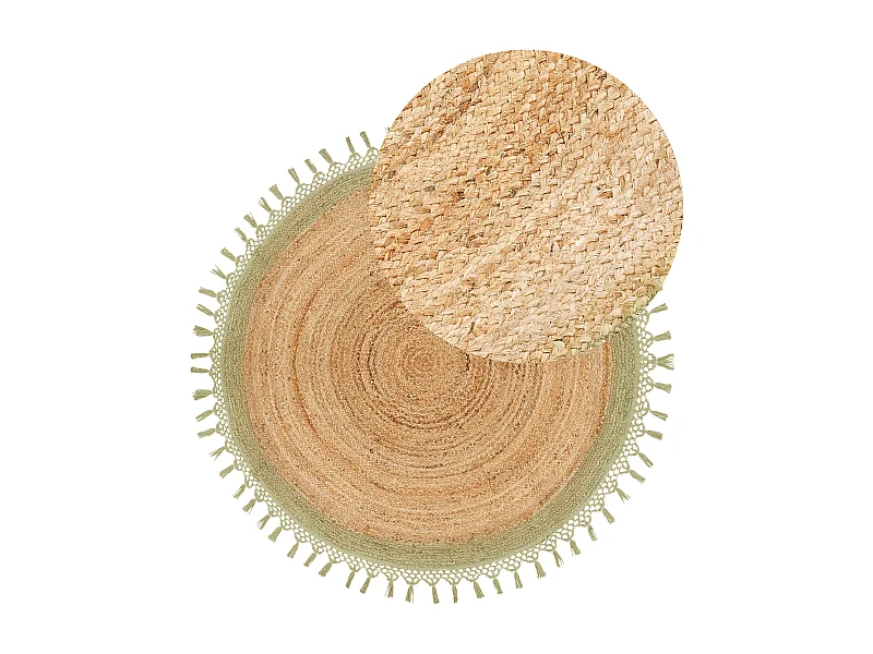 Rustikale Boho Teppich Rund 140 cm Natürliche Jute Handgeflochten Beige und Grün Marts