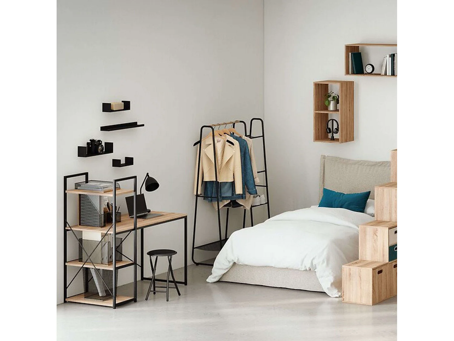 Meuble Bureau avec étagères Effet chêne naturel et Métal noir H 120 cm