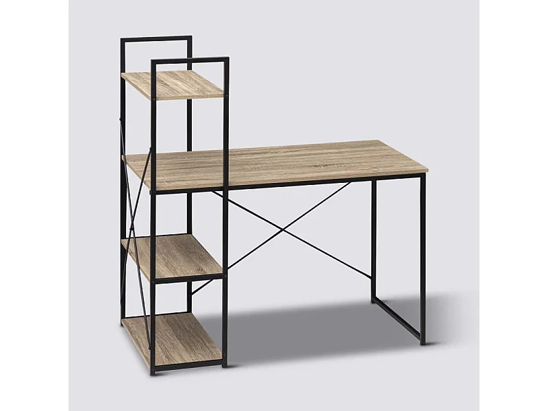 Meuble Bureau avec étagères Effet chêne naturel et Métal noir H 120 cm