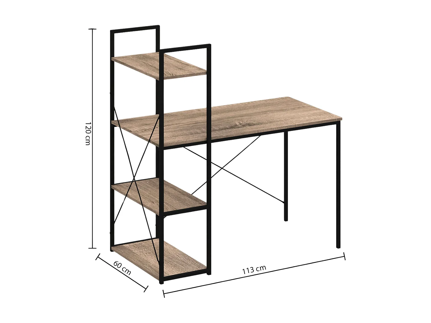 Meuble Bureau avec étagères Effet chêne naturel et Métal noir H 120 cm