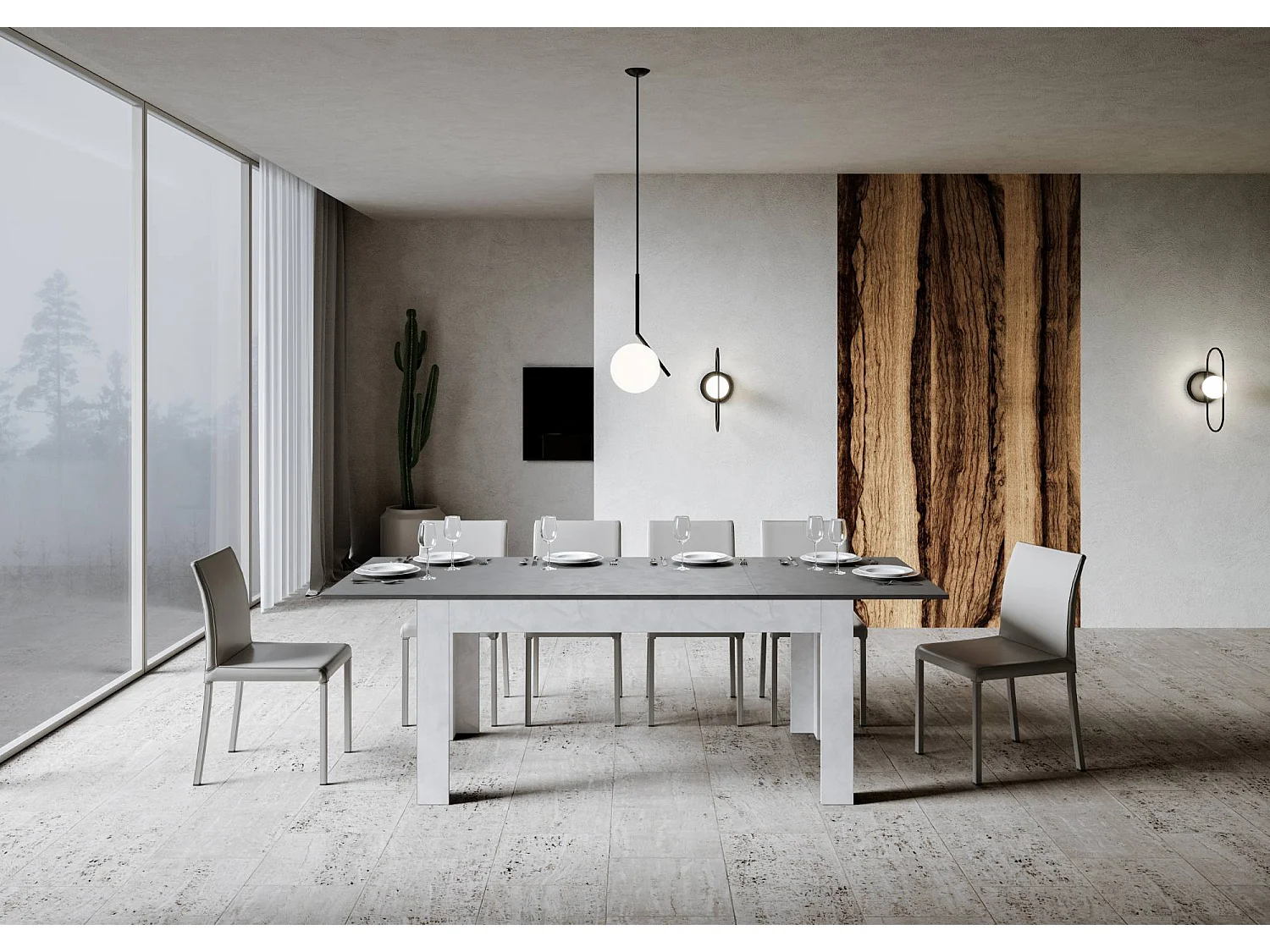 Uitschuifbare tafel 90x160/220 cm Bibi Mix blad structuur antraciet - ondersteuning structuur wit