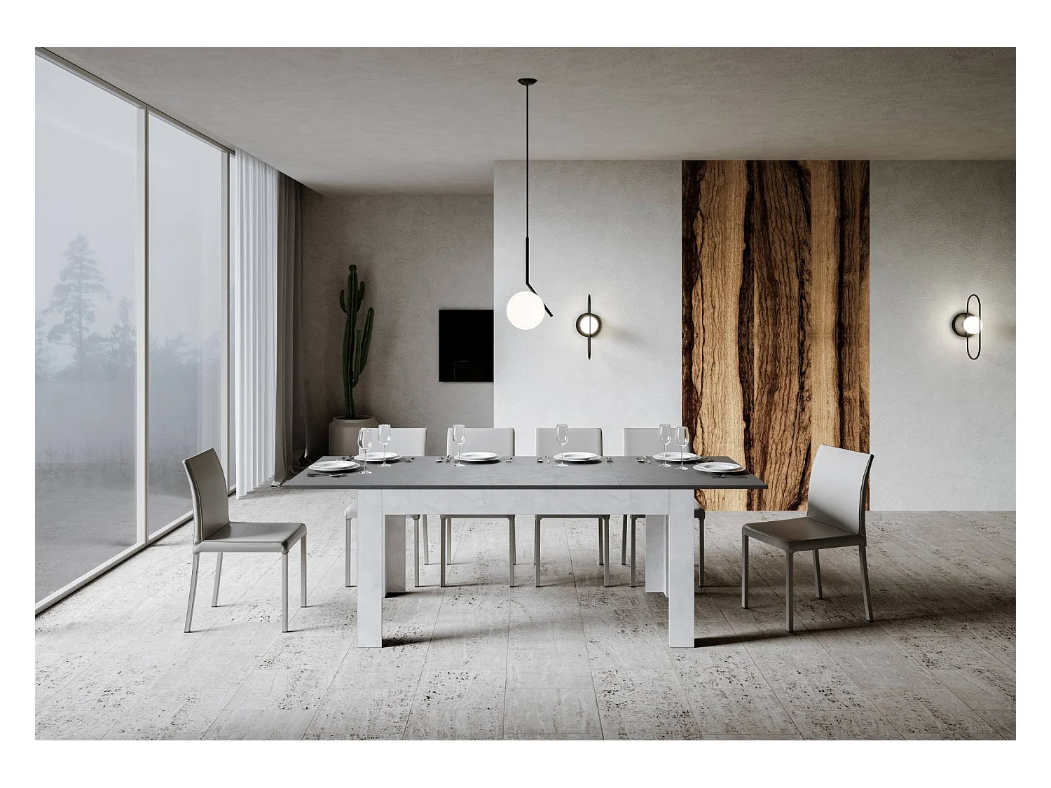 Uitschuifbare tafel 90x160/220 cm Bibi Mix blad structuur antraciet - ondersteuning structuur wit