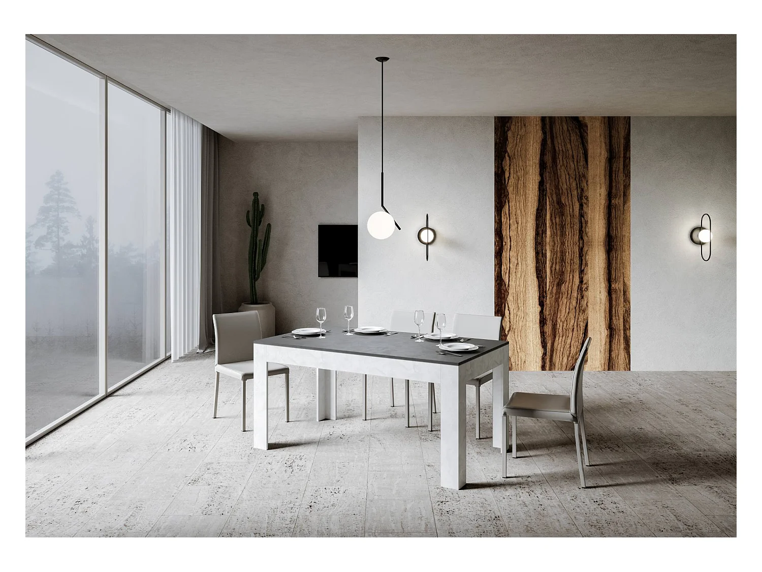 Uitschuifbare tafel 90x160/220 cm Bibi Mix blad structuur antraciet - ondersteuning structuur wit