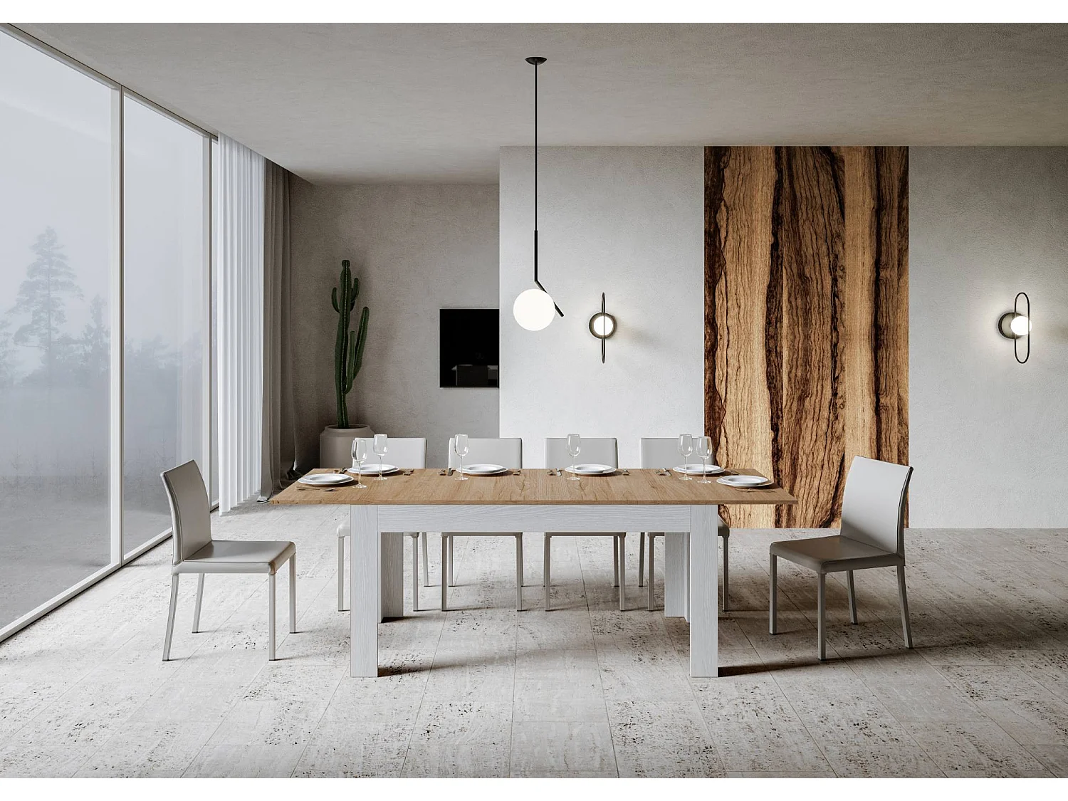 Table extensible 90x160/220 cm Bibi Mix dessus Chêne Nature cadre Frêne Blanc