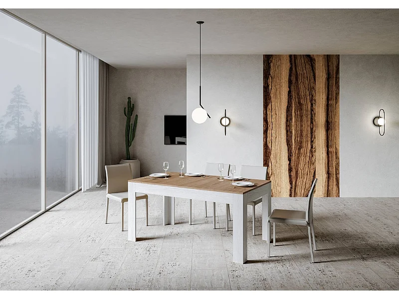 Ausziehtisch 90x160/220 cm Bibi Mix Hauptplatte Eiche Natur Tischbasis Esche weiß