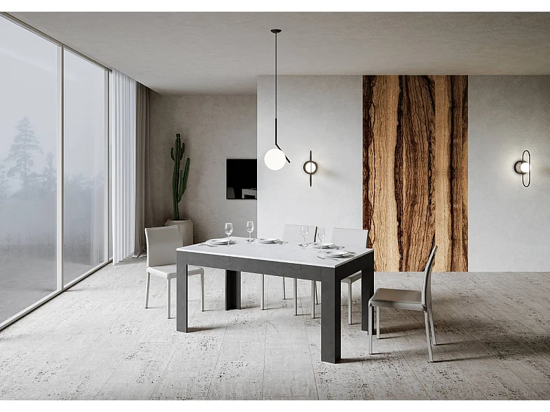 Mesa extensible 90x160/220 cm Bibi Mix tapa Blanco Espatulado patas Antracita Espatulado