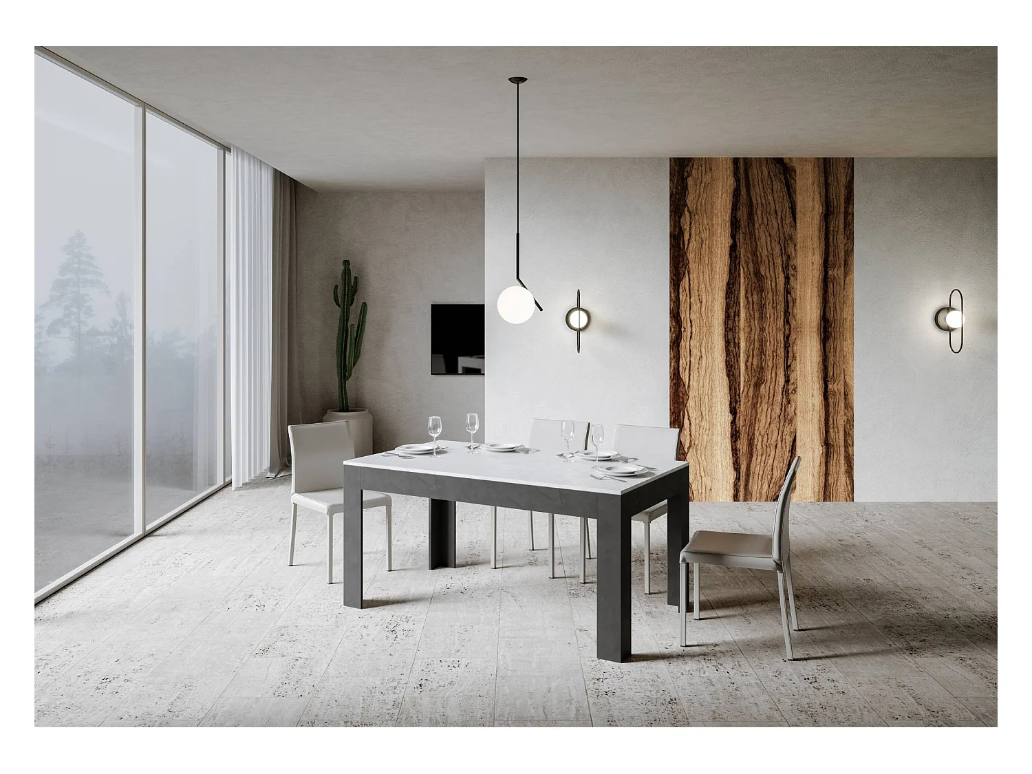 Uitschuifbare tafel 90x160/220 cm Bibi Mix blad structuur wit - ondersteuning structuur antraciet