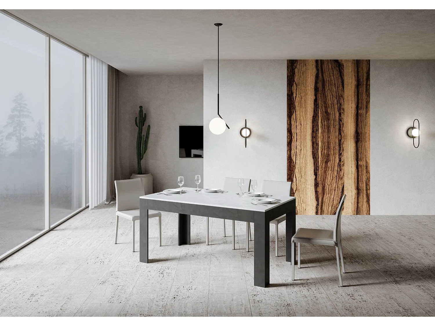 Uitschuifbare tafel 90x160/220 cm Bibi Mix blad structuur wit - ondersteuning structuur antraciet