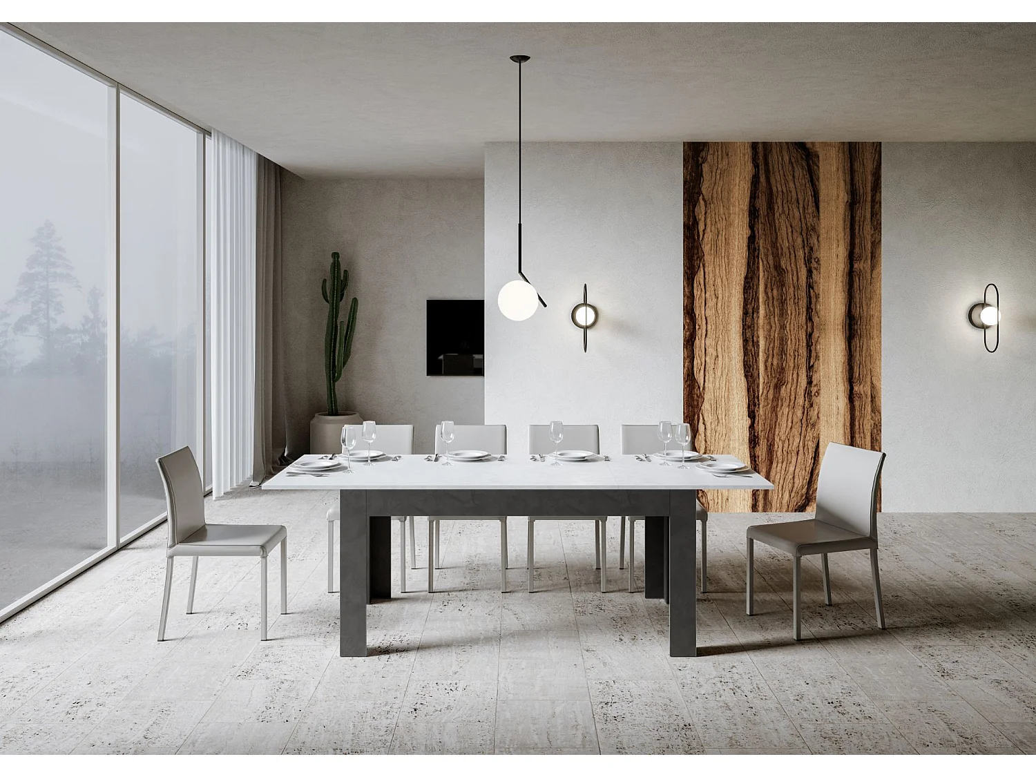 Uitschuifbare tafel 90x160/220 cm Bibi Mix blad structuur wit - ondersteuning structuur antraciet