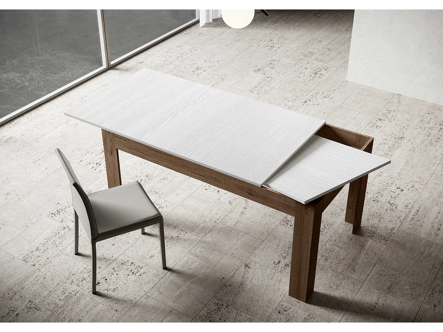 Mesa de jantar extensível 90x160/220 cm Bibi Mix plano Cinza Branca - estrutura Carvalho Natural