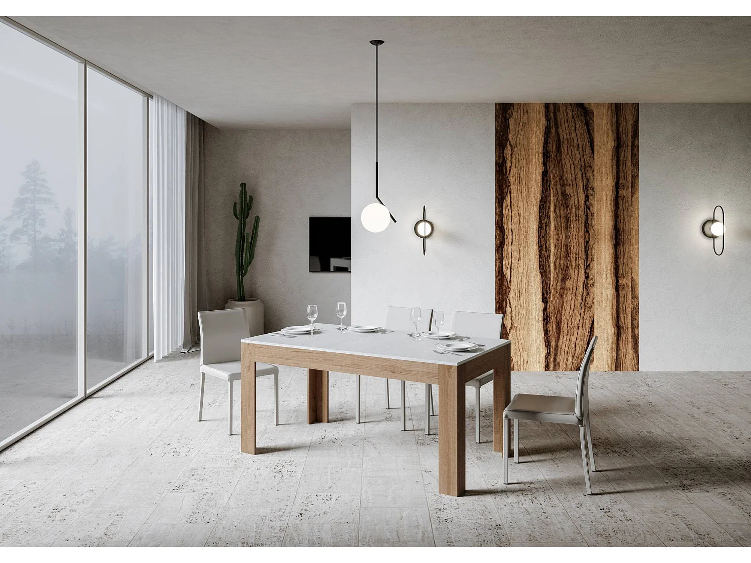 Table extensible 90x160/220 cm Bibi Mix dessus Frêne Blanc cadre Chêne Nature