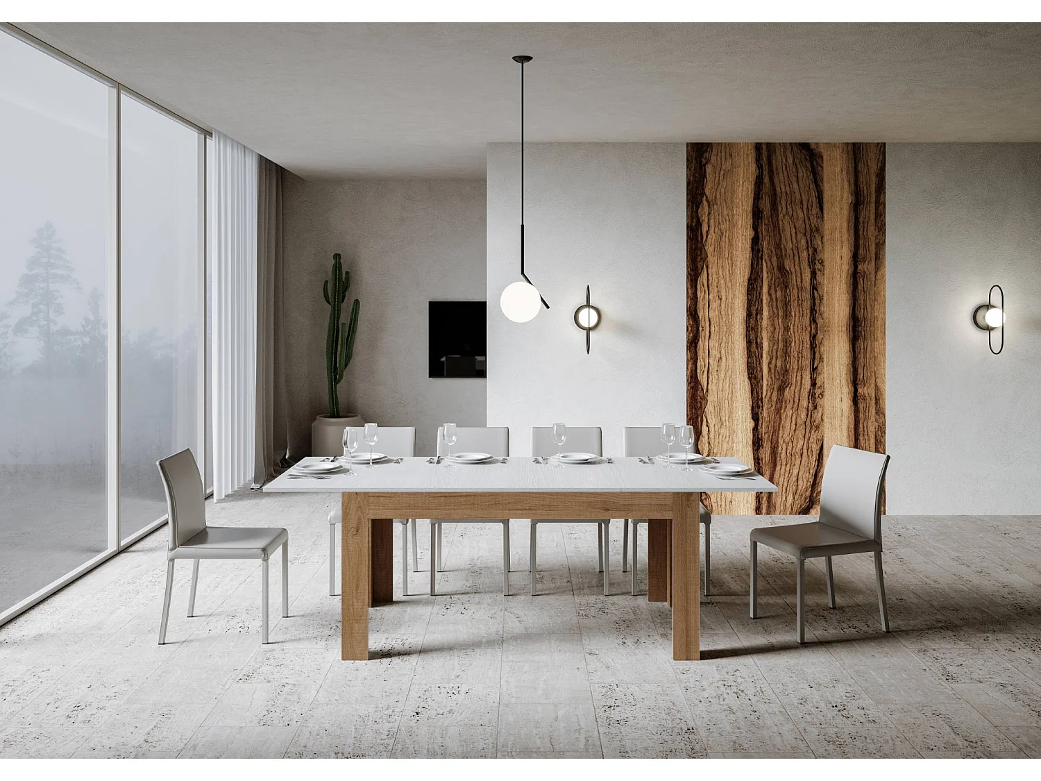 Table extensible 90x160/220 cm Bibi Mix dessus Frêne Blanc cadre Chêne Nature