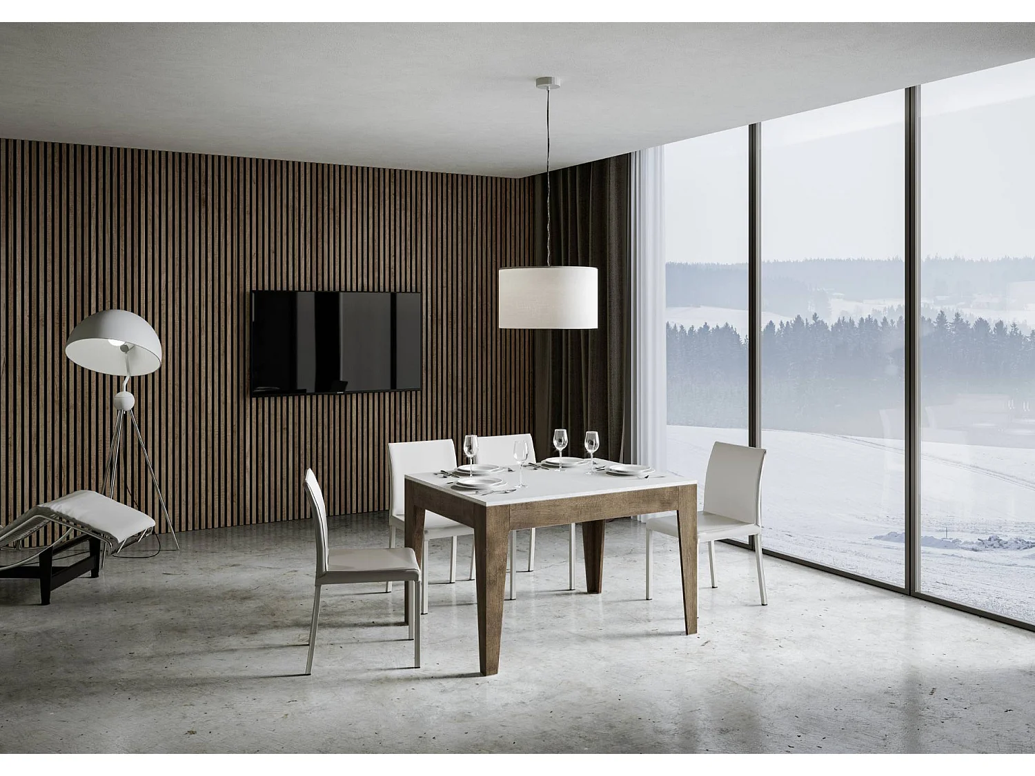 Mesa de jantar extensível 90x120/180 cm Cico Mix plano Cinza Branca - estrutura Nogueira
