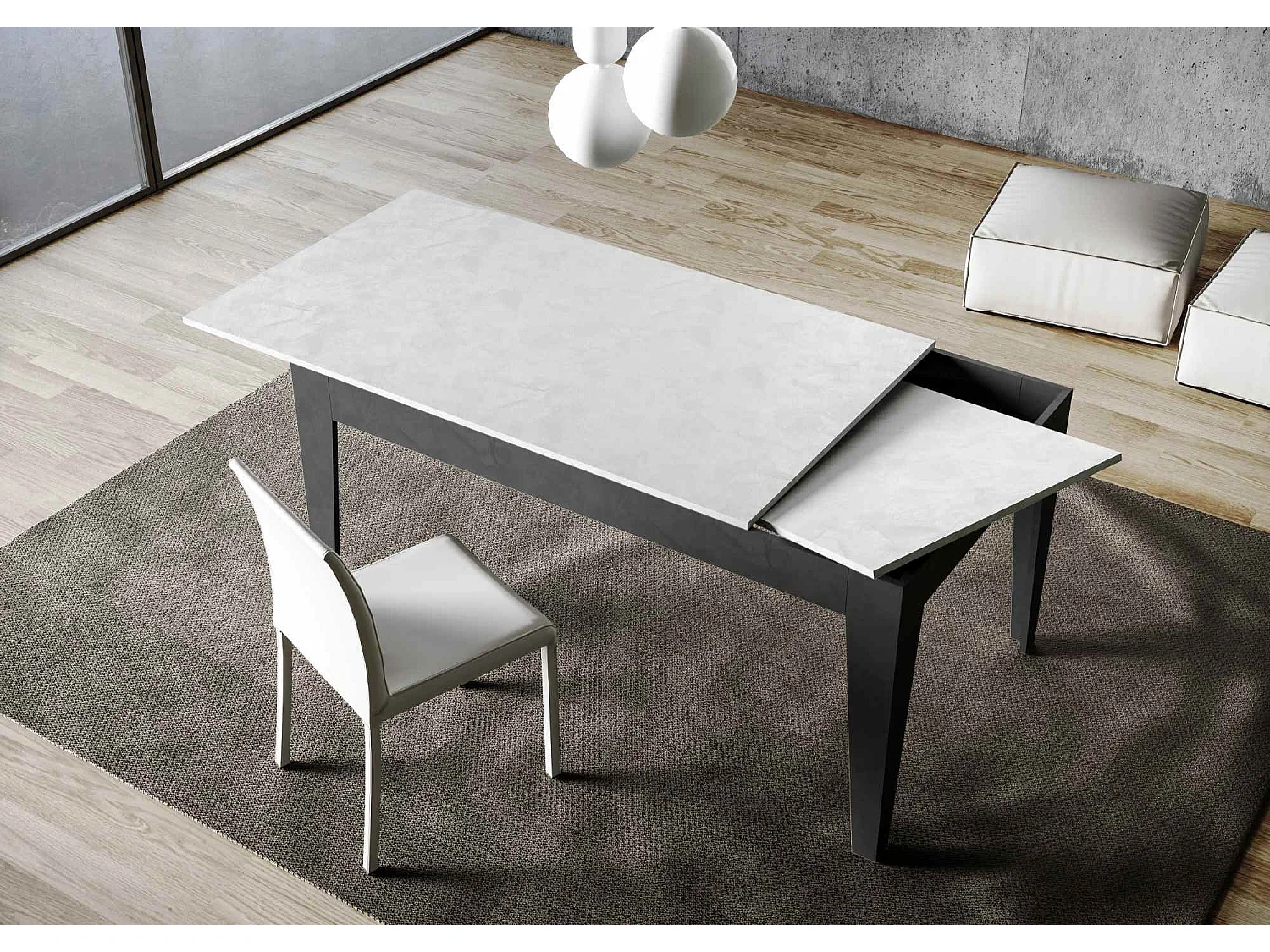 Table extensible 90x120/180 cm Cico Mix dessus Blanc Spatulé cadre Anthracite Spatulé