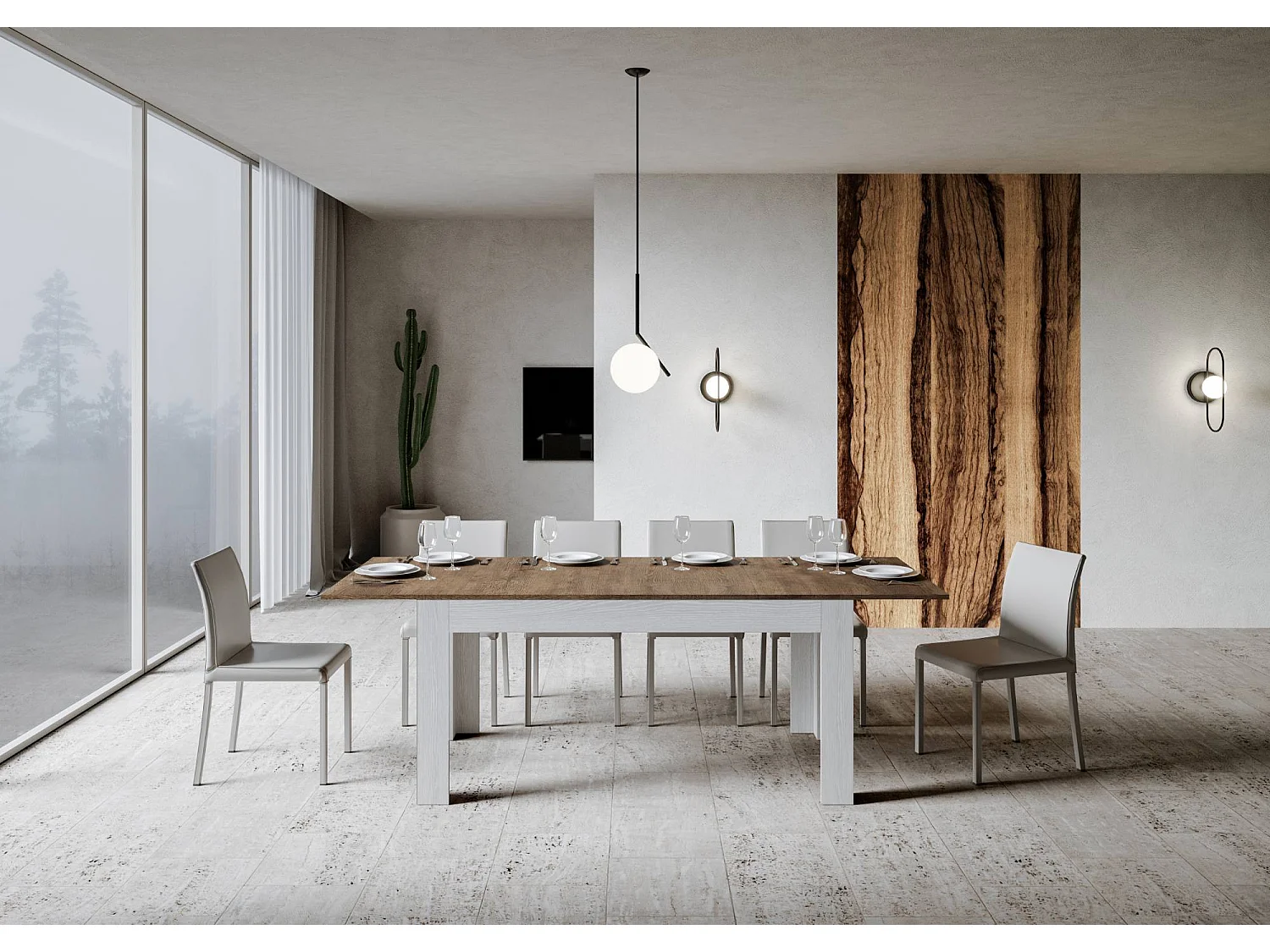 Table extensible 90x160/220 cm Bibi Mix dessus Noyer cadre Frêne Blanc