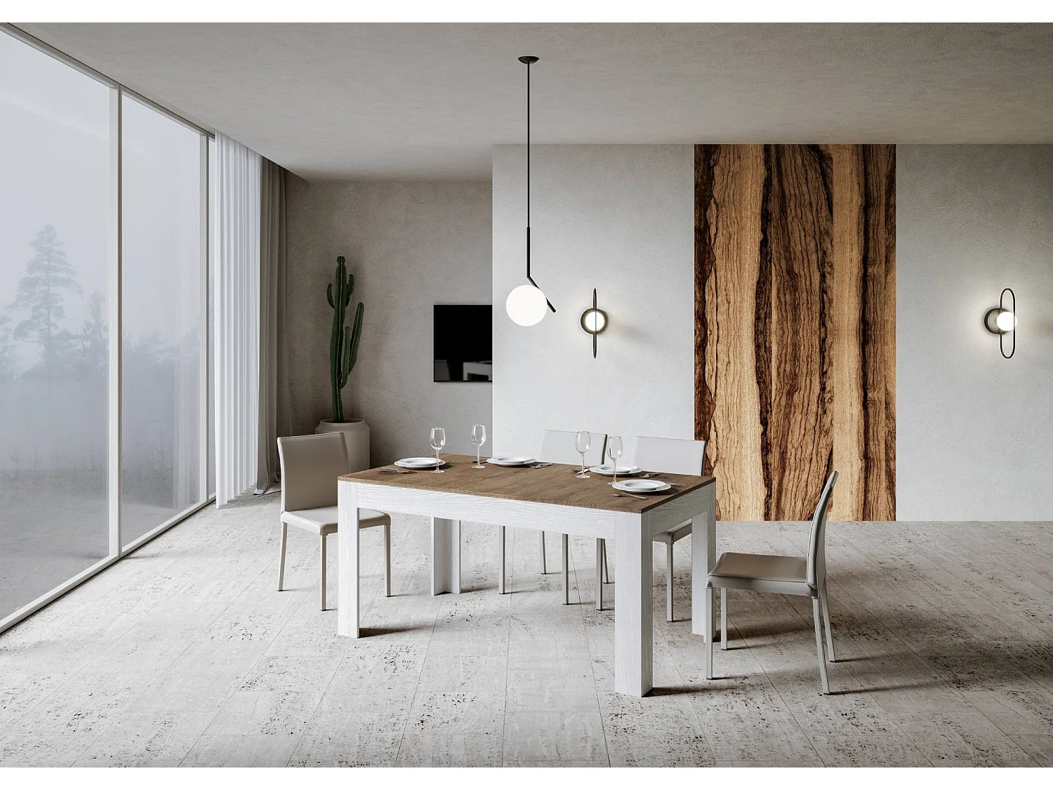 Table extensible 90x160/220 cm Bibi Mix dessus Noyer cadre Frêne Blanc