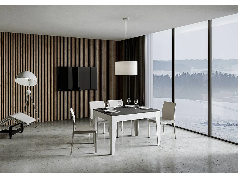 Mesa extensible 90x120/180 cm Cico Mix tapa Antracita Espatulado patas Blanco Espatulado