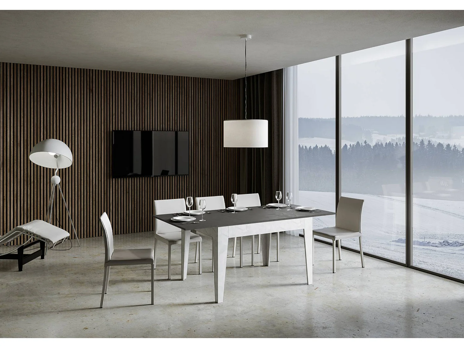 Table extensible 90x120/180 cm Cico Mix dessus Anthracite Spatulé cadre Blanc Spatulé