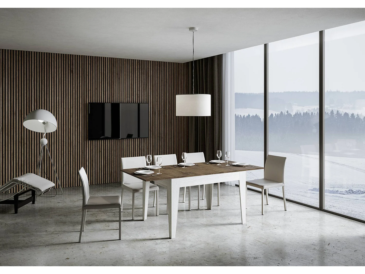 Table extensible 90x120/180 cm Cico Mix dessus Noyer cadre Frêne Blanc