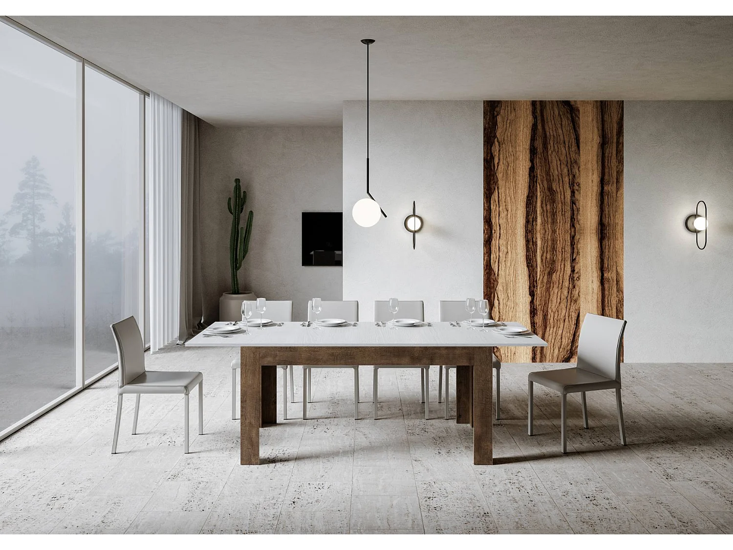 Mesa de jantar extensível 90x160/220 cm Bibi Mix plano Cinza Branca - estrutura Nogueira