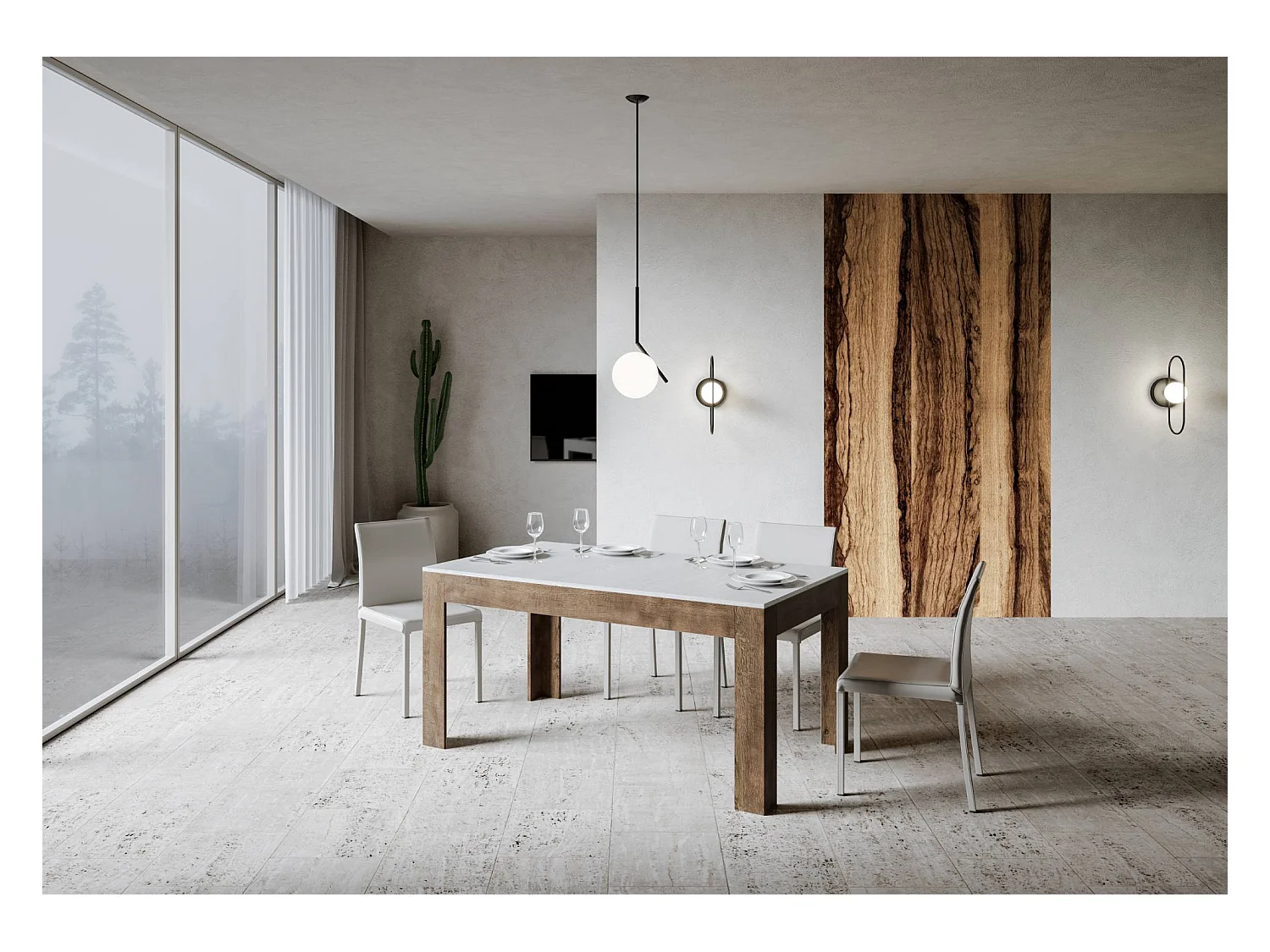 Table extensible 90x160/220 cm Bibi Mix dessus Frêne Blanc cadre Noyer
