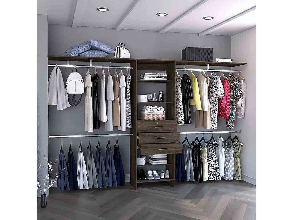 Armario Abierto Plego, con 3 cajones,  estantería y barras de colgar  , 187.45 cm  X 299.97 cm  X 41.40 cm  , Marrón