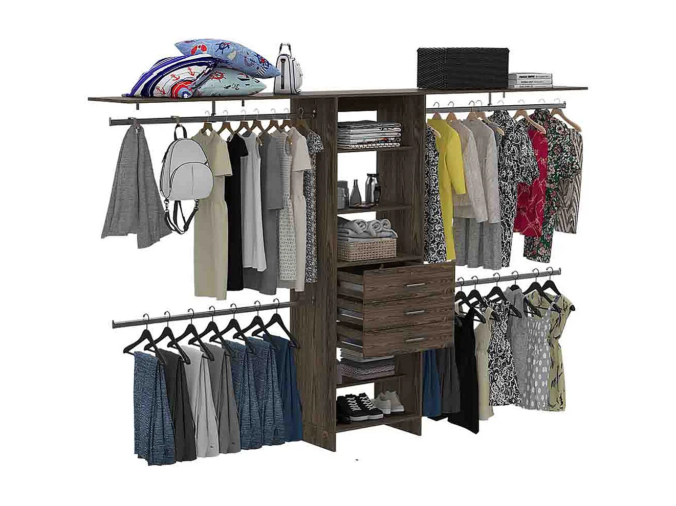 Armario Abierto Plego, con 3 cajones,  estantería y barras de colgar  , 187.45 cm  X 299.97 cm  X 41.40 cm  , Marrón