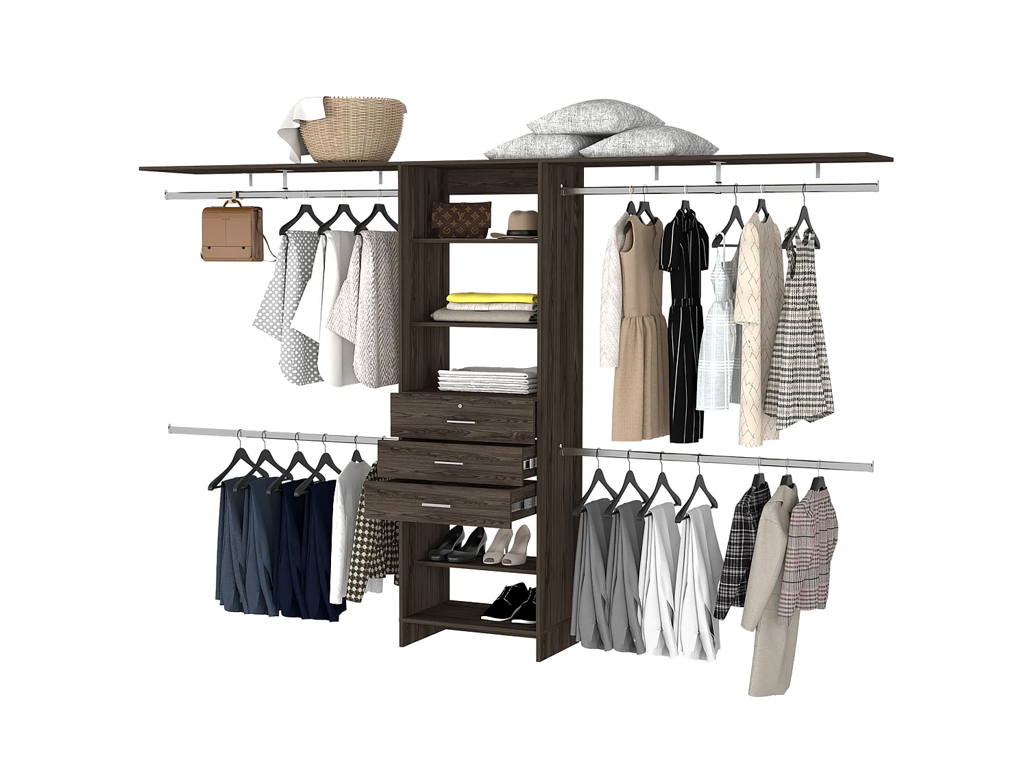 Armario Abierto Plego, con 3 cajones,  estantería y barras de colgar  , 187.45 cm  X 299.97 cm  X 41.40 cm  , Marrón