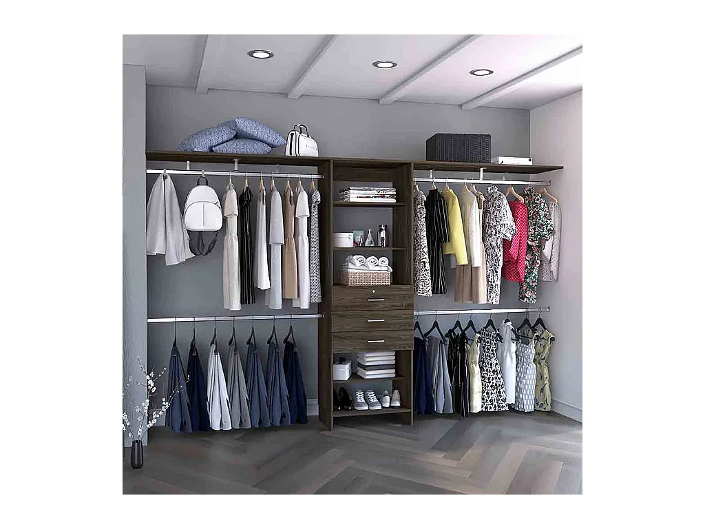 Armoire ouverte Plego, avec 3 tiroirs, étagère et rails de suspension, 187.45 cm X 299.97 cm X 41.40 cm , Brown