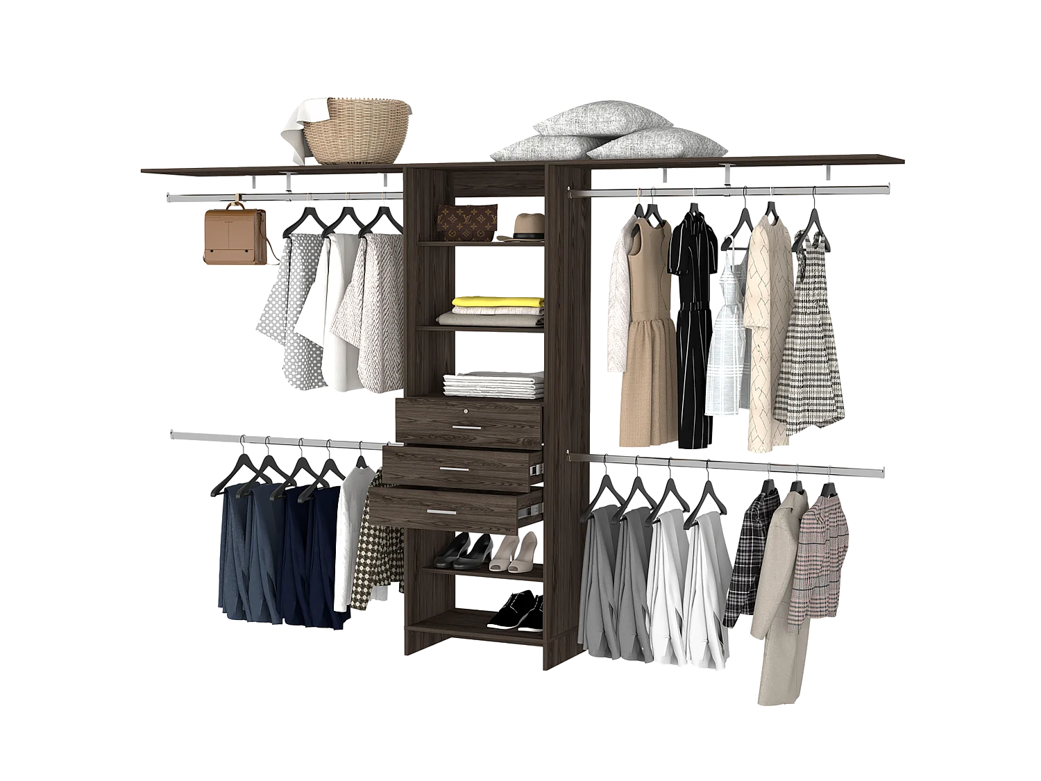 Armario Abierto Plego, con 3 cajones,  estantería y barras de colgar  , 187.45 cm  X 299.97 cm  X 41.40 cm  , Marrón