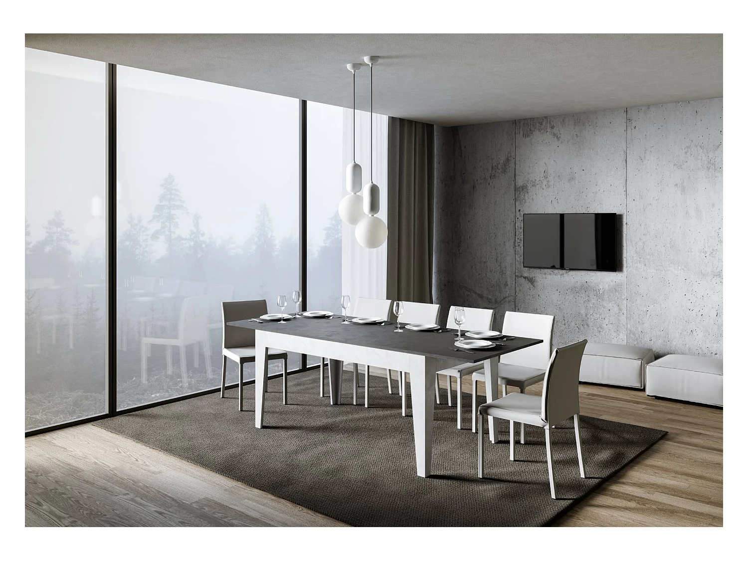 Uitschuifbare tafel 90x160/220 cm Cico Mix blad structuur antraciet - ondersteuning structuur wit