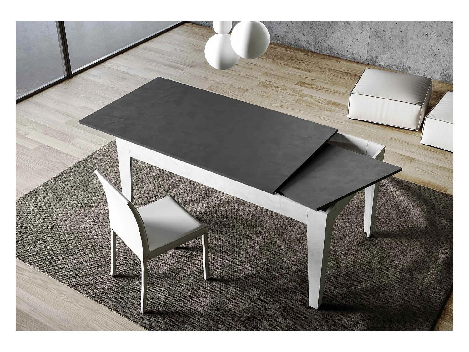 Uitschuifbare tafel 90x160/220 cm Cico Mix blad structuur antraciet - ondersteuning structuur wit