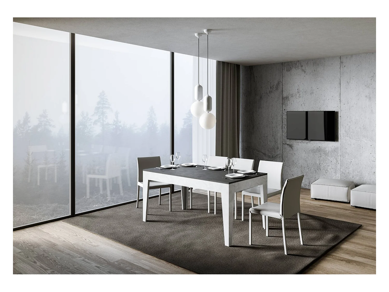 Uitschuifbare tafel 90x160/220 cm Cico Mix blad structuur antraciet - ondersteuning structuur wit