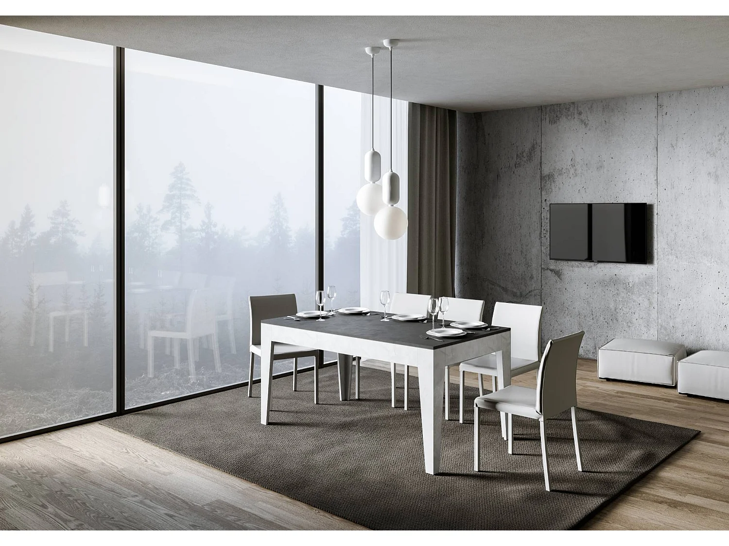 Uitschuifbare tafel 90x160/220 cm Cico Mix blad structuur antraciet - ondersteuning structuur wit