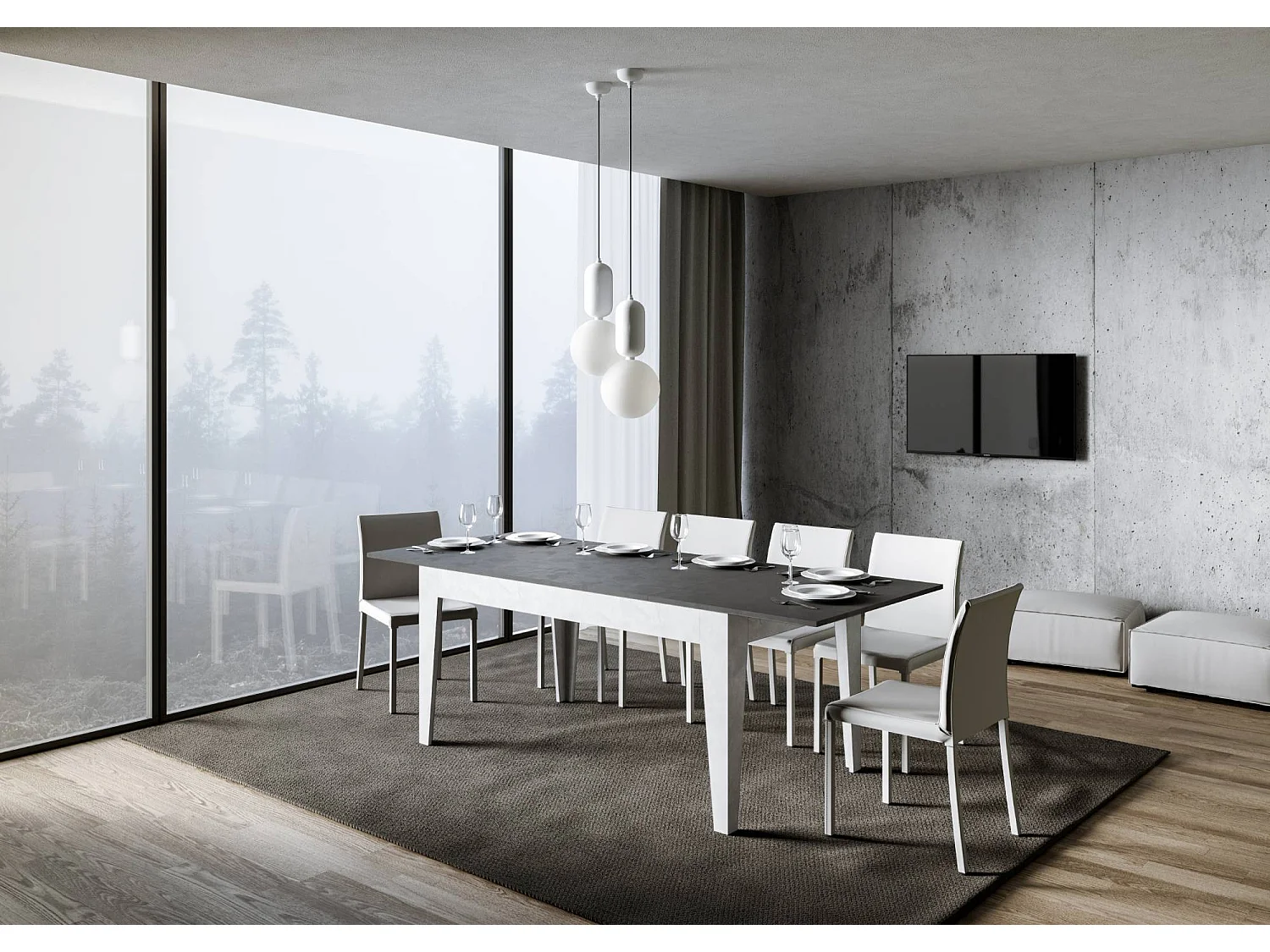 Uitschuifbare tafel 90x160/220 cm Cico Mix blad structuur antraciet - ondersteuning structuur wit