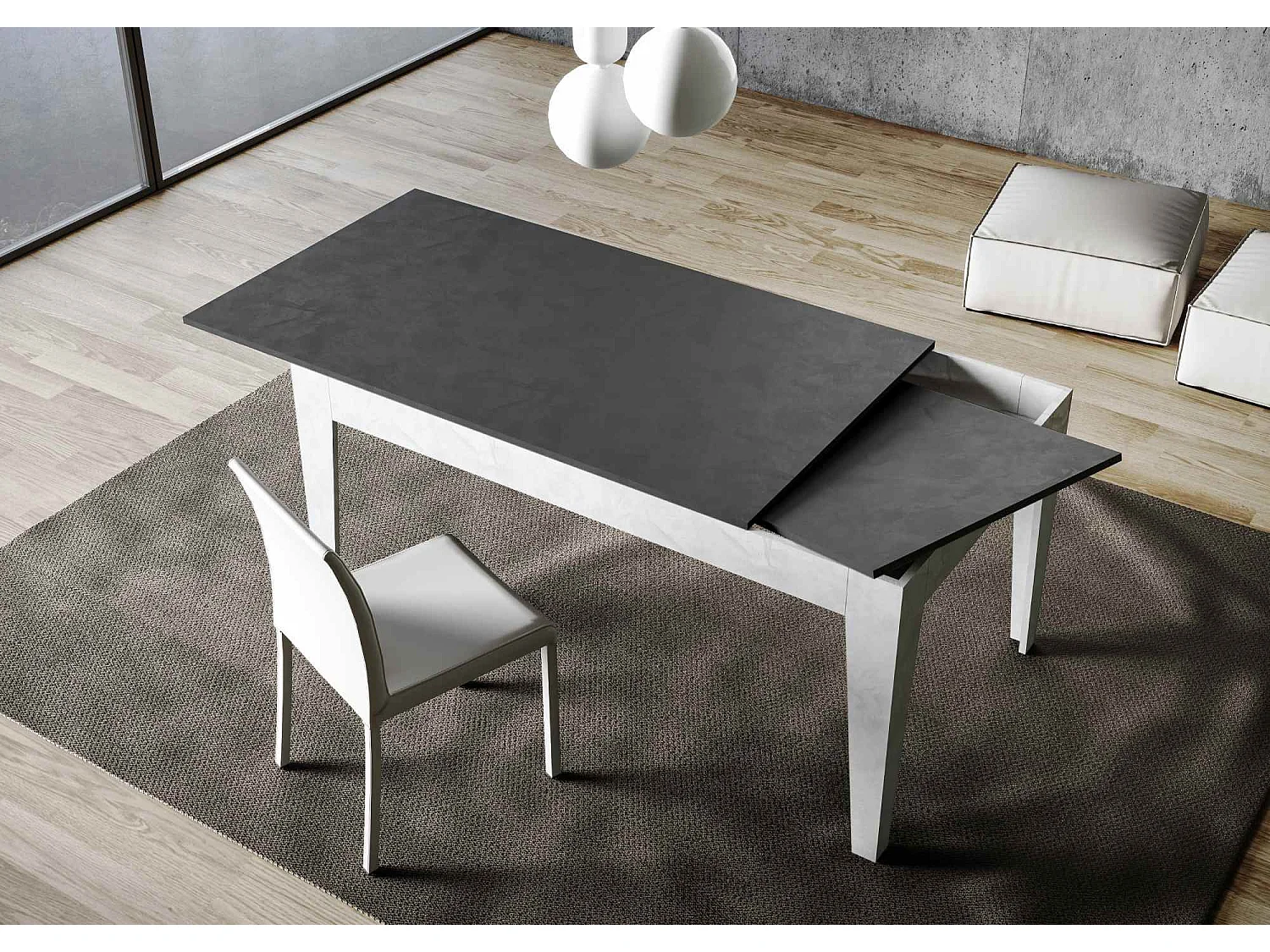Uitschuifbare tafel 90x160/220 cm Cico Mix blad structuur antraciet - ondersteuning structuur wit