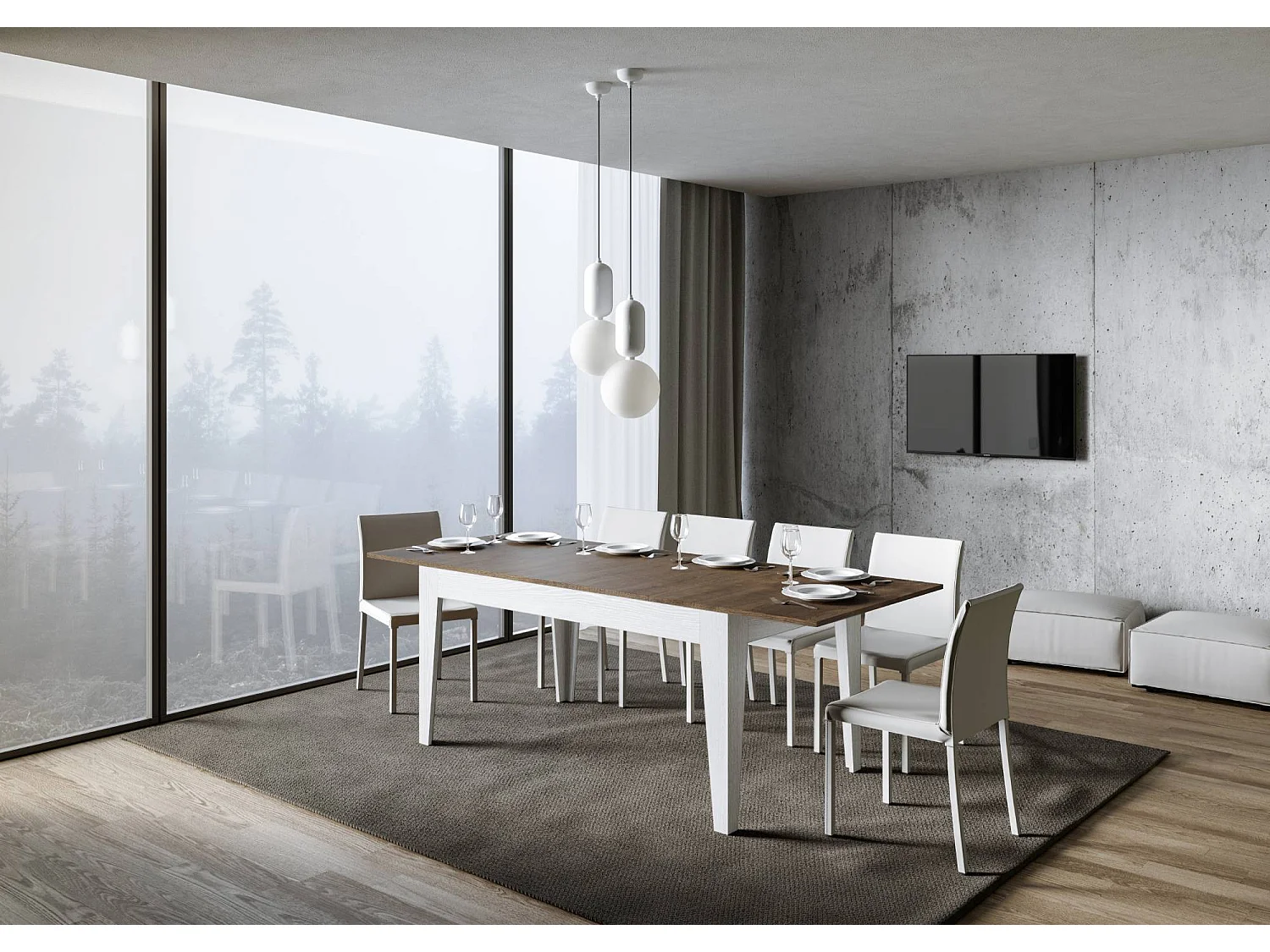 Table extensible 90x160/220 cm Cico Mix dessus Noyer cadre Frêne Blanc