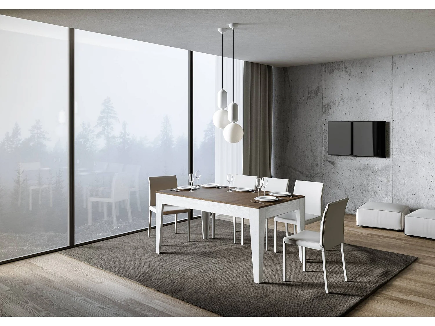 Table extensible 90x160/220 cm Cico Mix dessus Noyer cadre Frêne Blanc