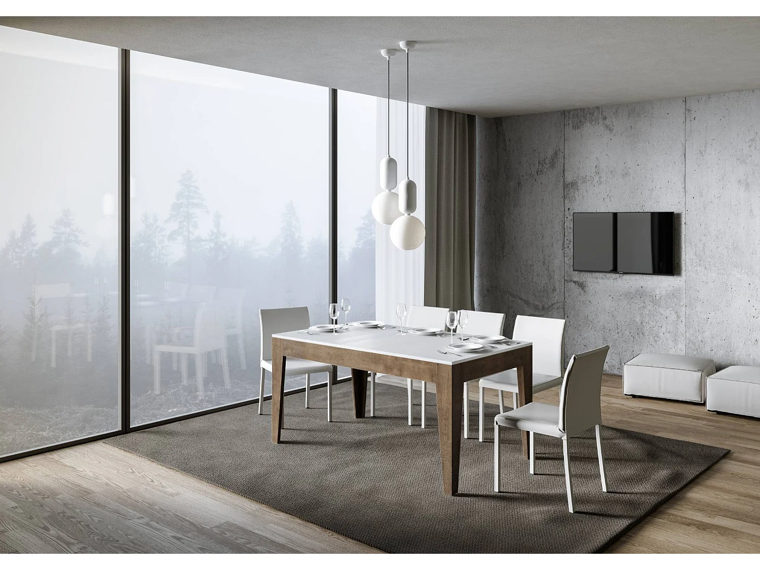 Mesa de jantar extensível 90x160/220 cm Cico Mix plano Cinza Branca - estrutura Nogueira