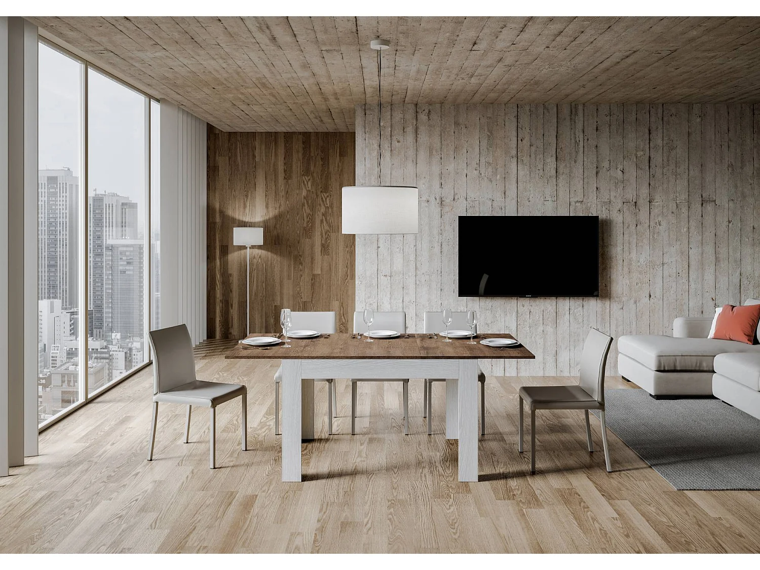 Mesa extensible 90x120/180 cm Bibi Mix tapa Nogal patas Fresno Blanco